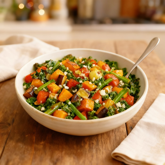 Sautéed Kale with Green Beans, Tomatoes, Eggplant, and Sweet Potatoes Recipe