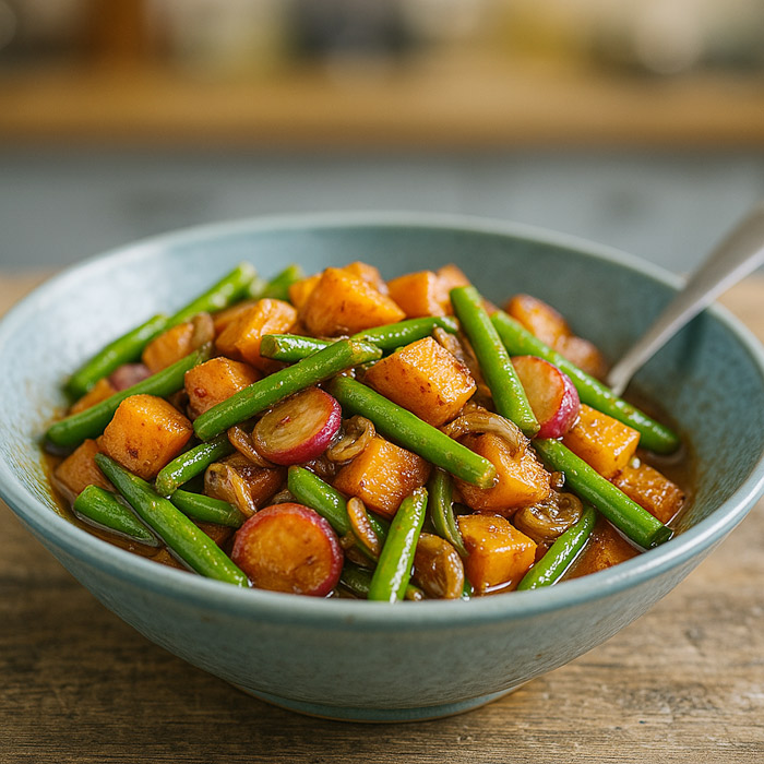 Sweet Potato Stir-Fry with String Beans, Radishes, and Shallots Recipe